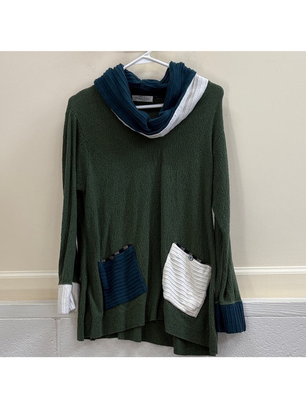 Margaret Winters small cotton knit Green with Blue and White Accents sweater